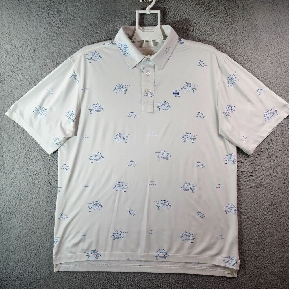 Straight‎ Down Polo Shirt Men Large Short Sleeve Martini & Dolphin Print White